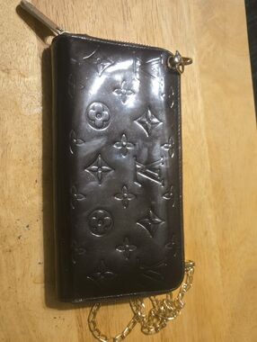 Louis Vuitton Burgundy /Dark Purple Monogram Vernis Zip Wallet on Gold Chain